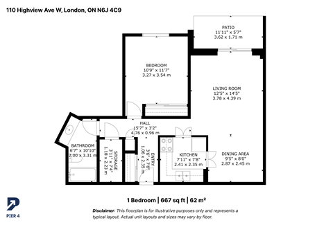 Floor plan for 1 bed, 1 bath, 900 sqft
